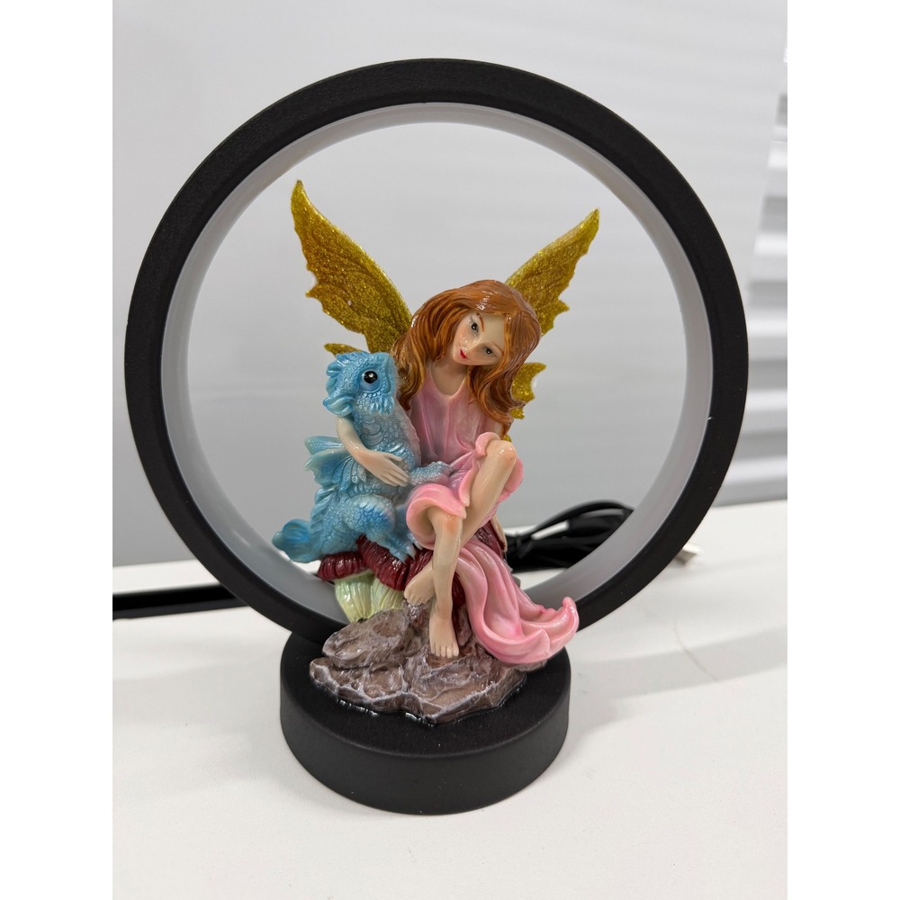 Fairy with Dragon LED Ring Light Figurine Gold Glitter Wings USB Fantasy Lamp